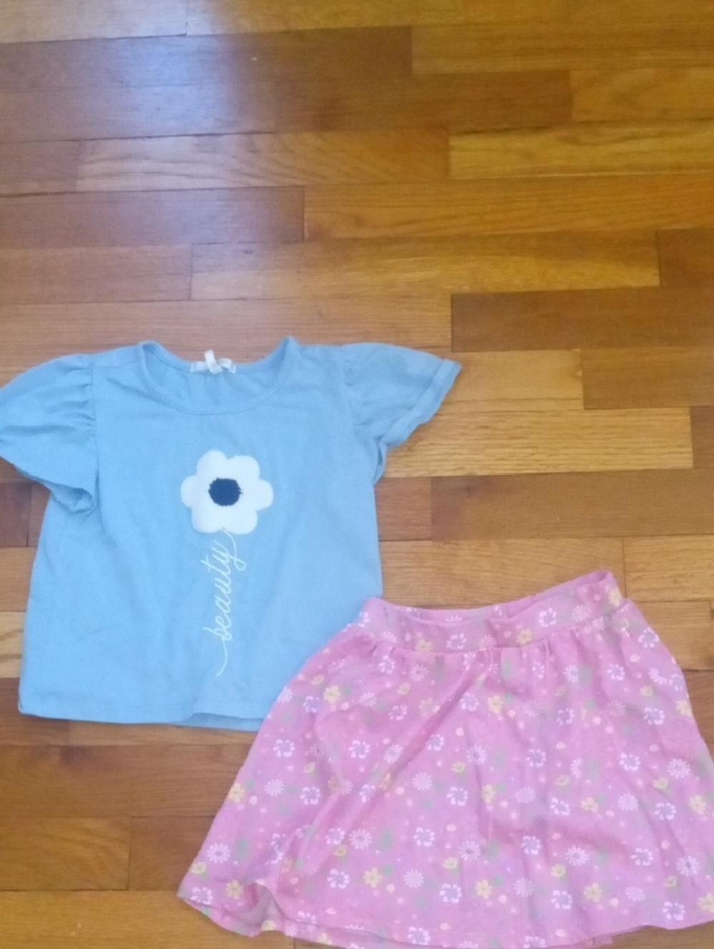 girl 5 pink flower print skirt and blue flower top